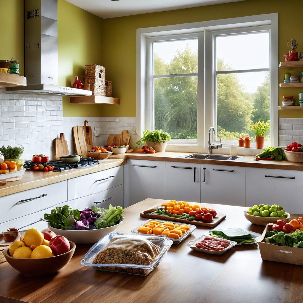A visually appealing scene showcasing a vibrant kitchen with various temperature-controlled packaging solutions, such as insulated bags and boxes, prominently displayed. Incorporate fresh ingredients emerging from the freezer and delicious meals being prepared, emphasizing the transition from freezer to fork. Use a warm, inviting atmosphere with sunlight filtering through a window. super-realistic. vibrant colors.