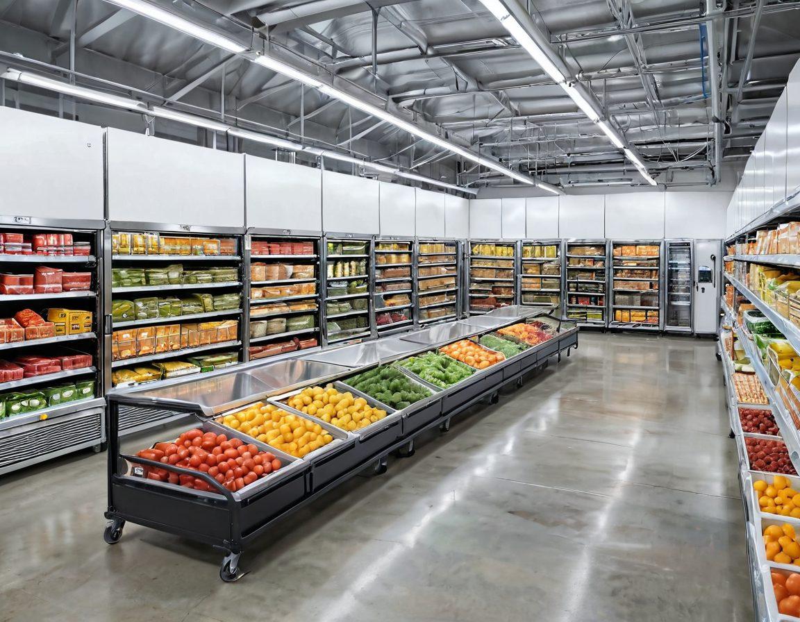 A modern frozen food distribution facility showcasing innovative technology in action. Large industrial freezers with clear, brightly colored packaged foods like fruits, vegetables, and ready meals. Highlight dynamic delivery vehicles loaded with frozen goods, and workers using tablets for inventory management. Include an emphasis on cleanliness and safety protocols. super-realistic. vibrant colors. white background.