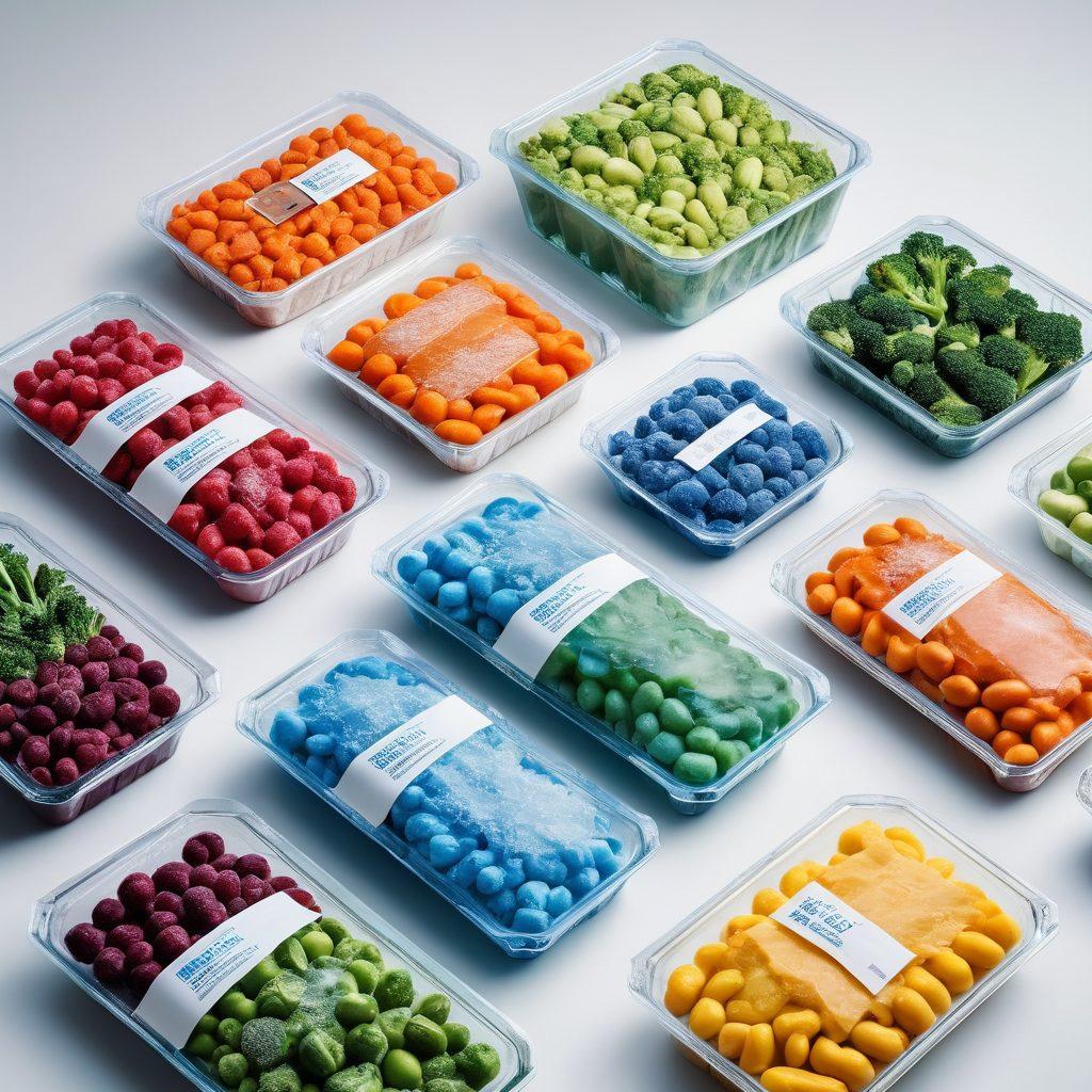 An eye-catching display of various frozen food packages, showcasing innovative and creative designs that emphasize optimal preservation. Include items like frozen vegetables, ready meals, and ice creams, surrounded by frost and ice crystals, highlighting freshness. Integrate elements like a transparent seal or vacuum packaging in action to depict preservation. Use a cool color palette with blues and whites for a refreshing feel. super-realistic. vibrant colors. white background.